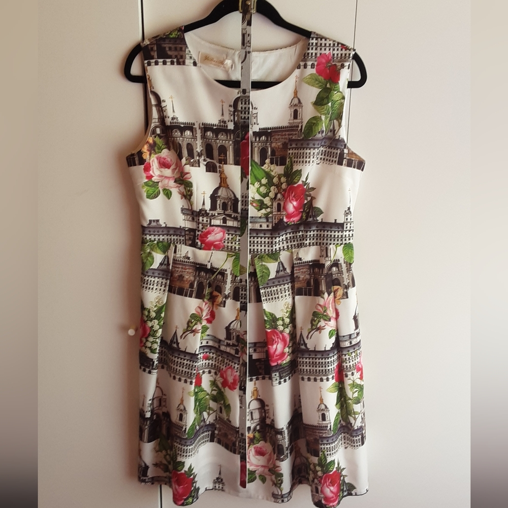Floral & Architectural Print Sleeveless Dress in White with Pink Roses